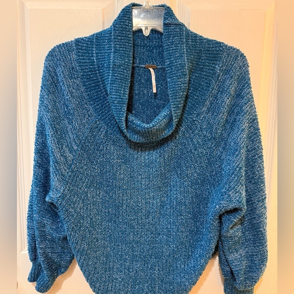 Free People Blue Cowl Neck Sweater Textured Knit light weight Jewel tone
